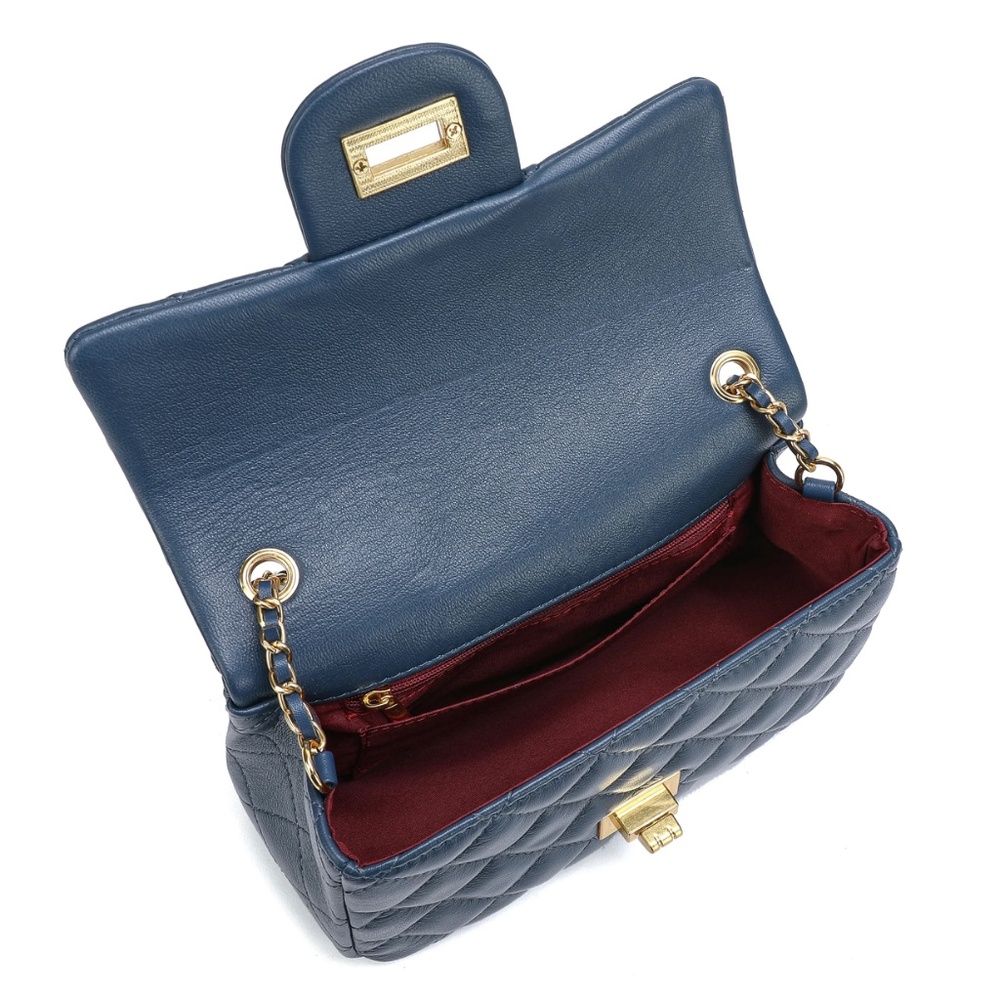 Tiffany & Fred Paris Quilted Sheepskin Leather Shoulder Crossbody Bag - Navy - Picture 3 of 4